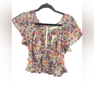 ASTR The Label Top Womens XL Floral Layered Flowy Boho Blouse Crop Resort